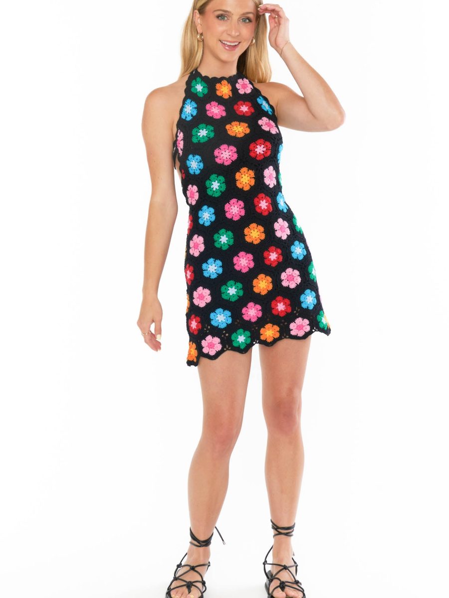 Happy Halter Mini Dress ~ Multi Black Flower Crochet
