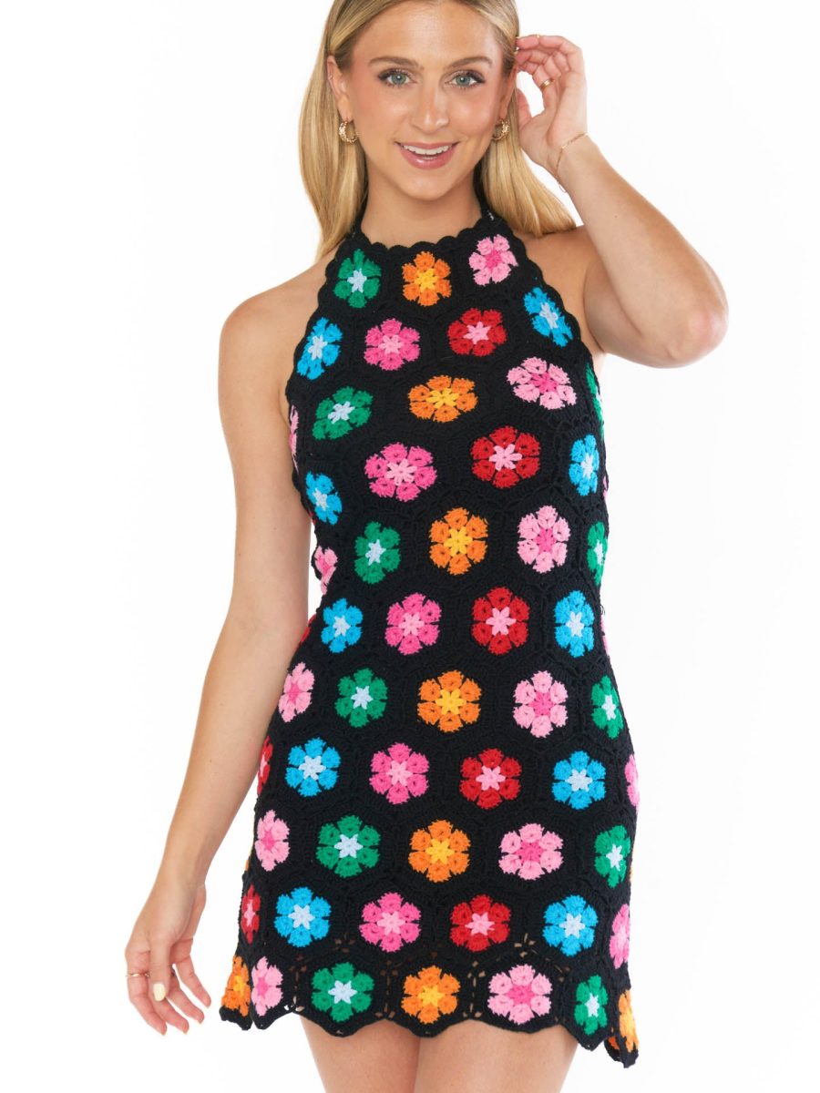 Happy Halter Mini Dress ~ Multi Black Flower Crochet