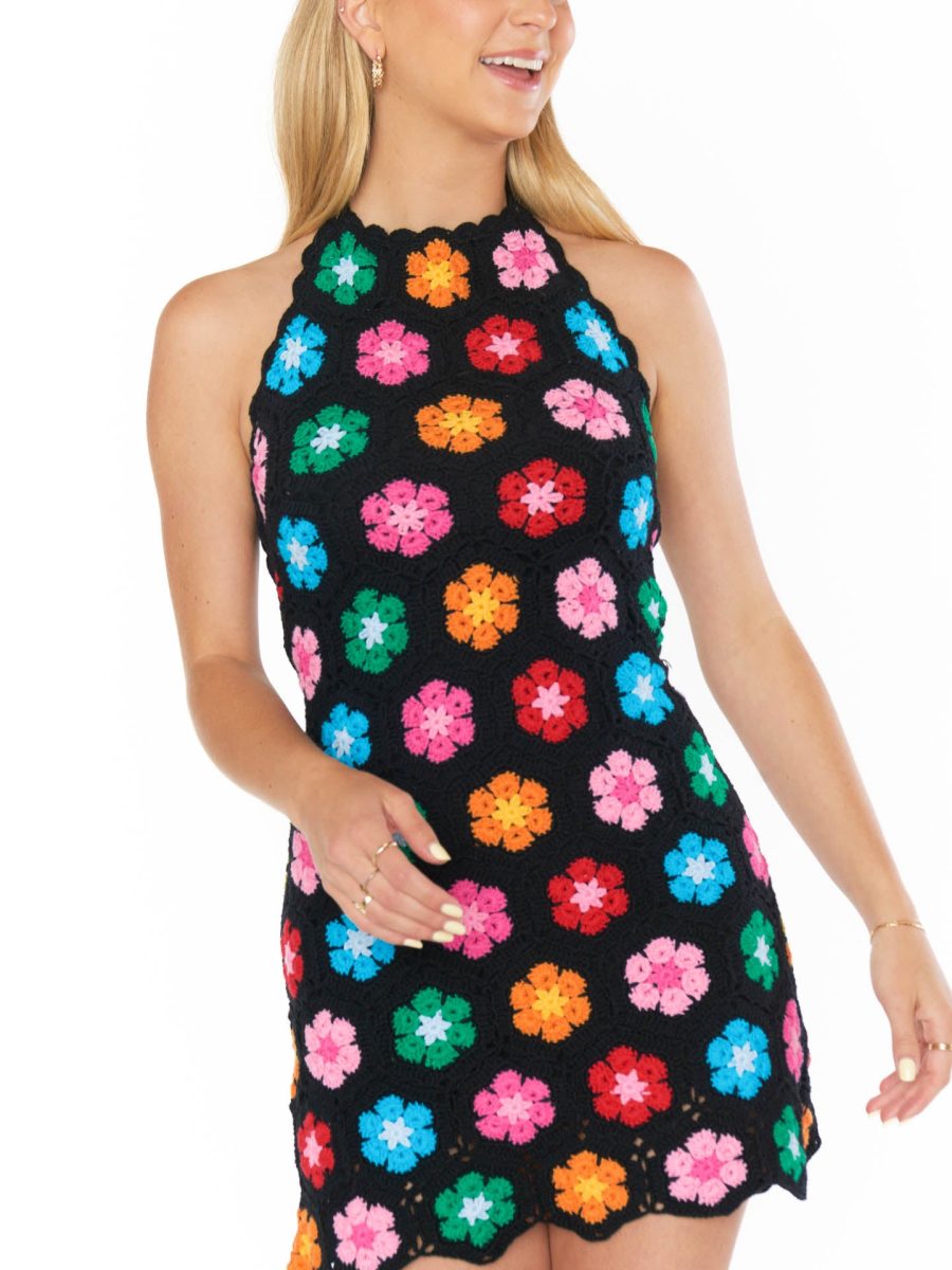 Happy Halter Mini Dress ~ Multi Black Flower Crochet