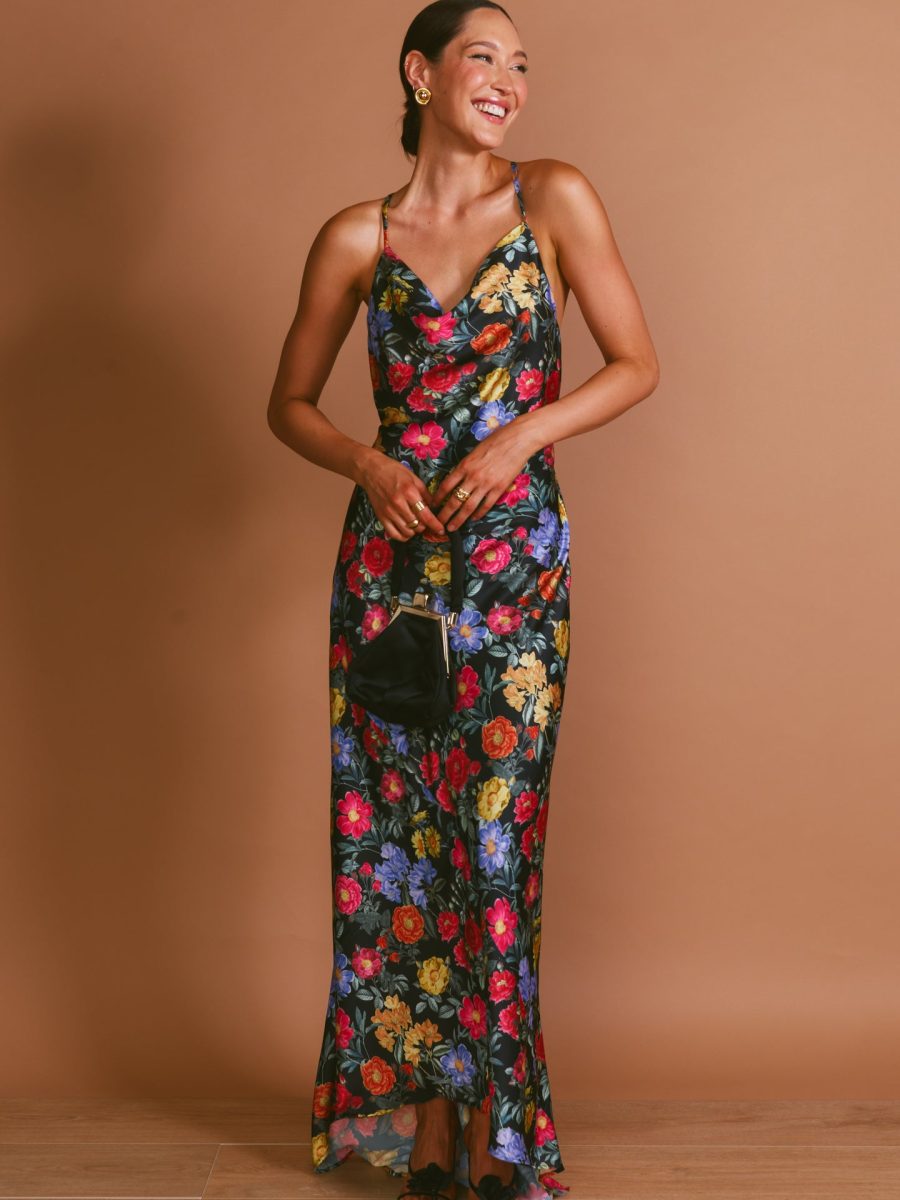 Hailey Slip Dress ~ Charm Peony Black Luxe Satin