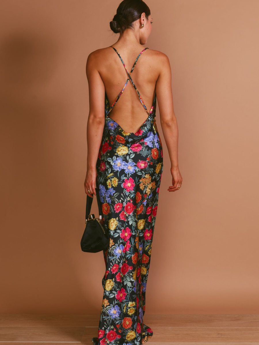 Hailey Slip Dress ~ Charm Peony Black Luxe Satin