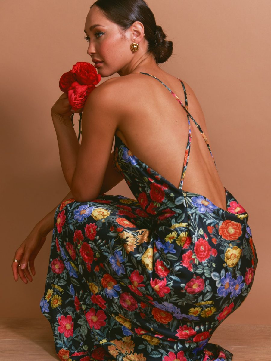 Hailey Slip Dress ~ Charm Peony Black Luxe Satin