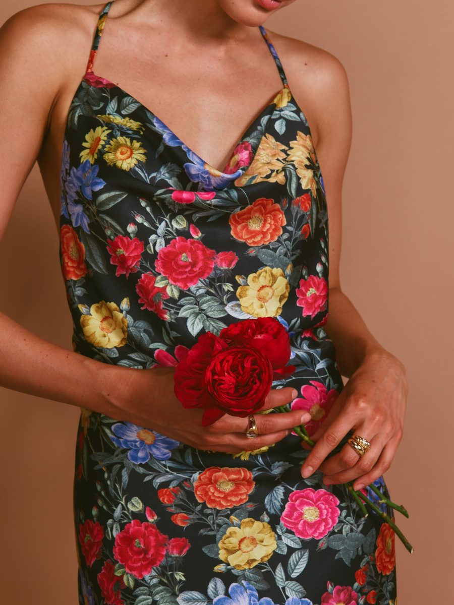 Hailey Slip Dress ~ Charm Peony Black Luxe Satin