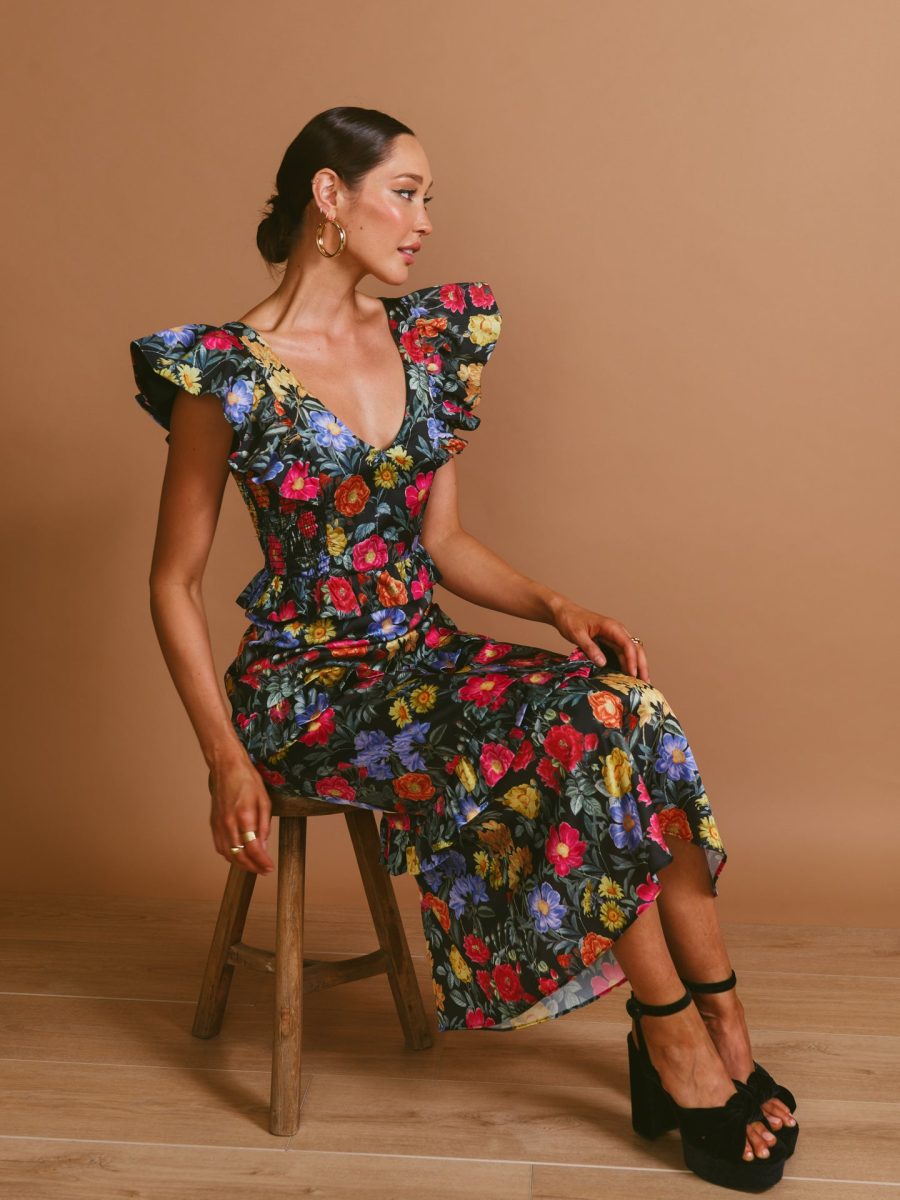 Lindsay Midi Dress ~ Charm Peony Black Luxe Satin