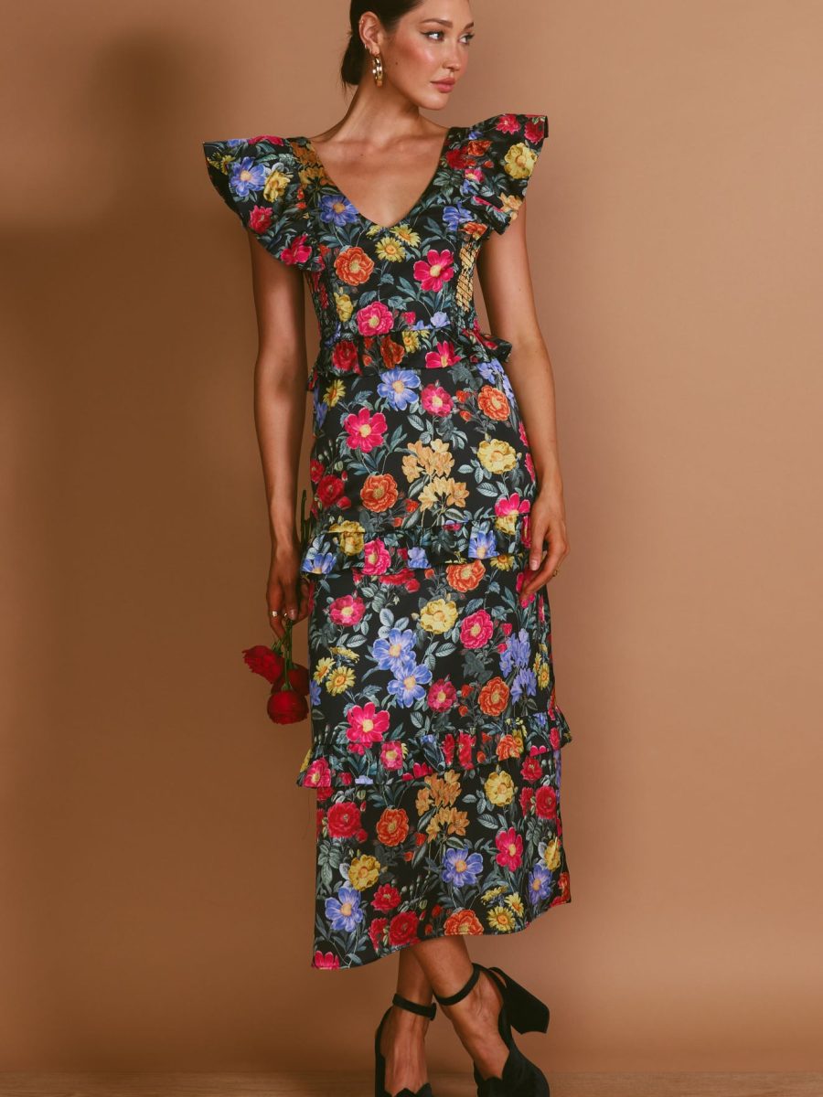 Lindsay Midi Dress ~ Charm Peony Black Luxe Satin