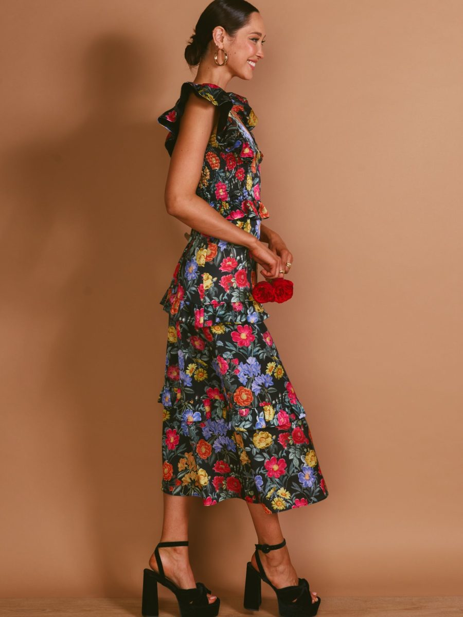 Lindsay Midi Dress ~ Charm Peony Black Luxe Satin