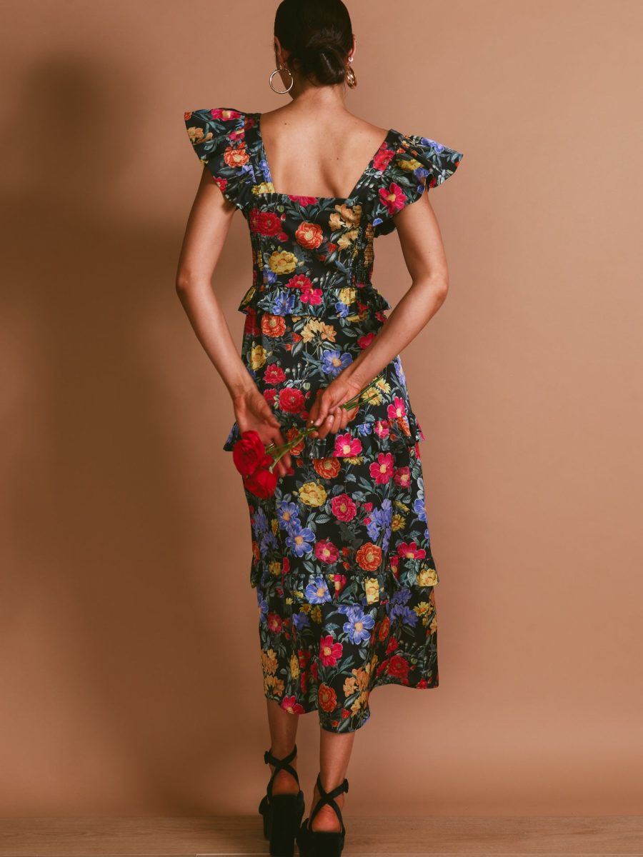 Lindsay Midi Dress ~ Charm Peony Black Luxe Satin
