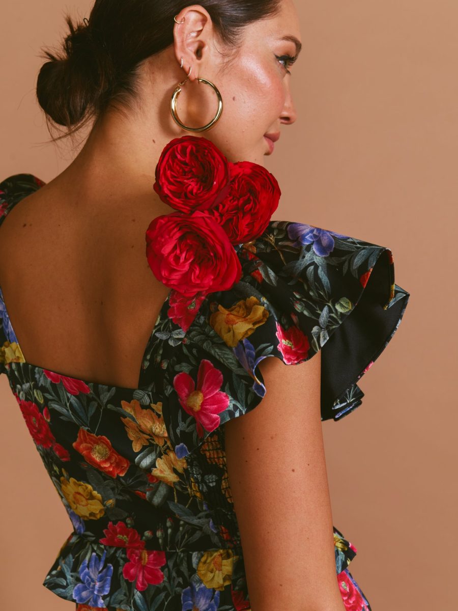 Lindsay Midi Dress ~ Charm Peony Black Luxe Satin
