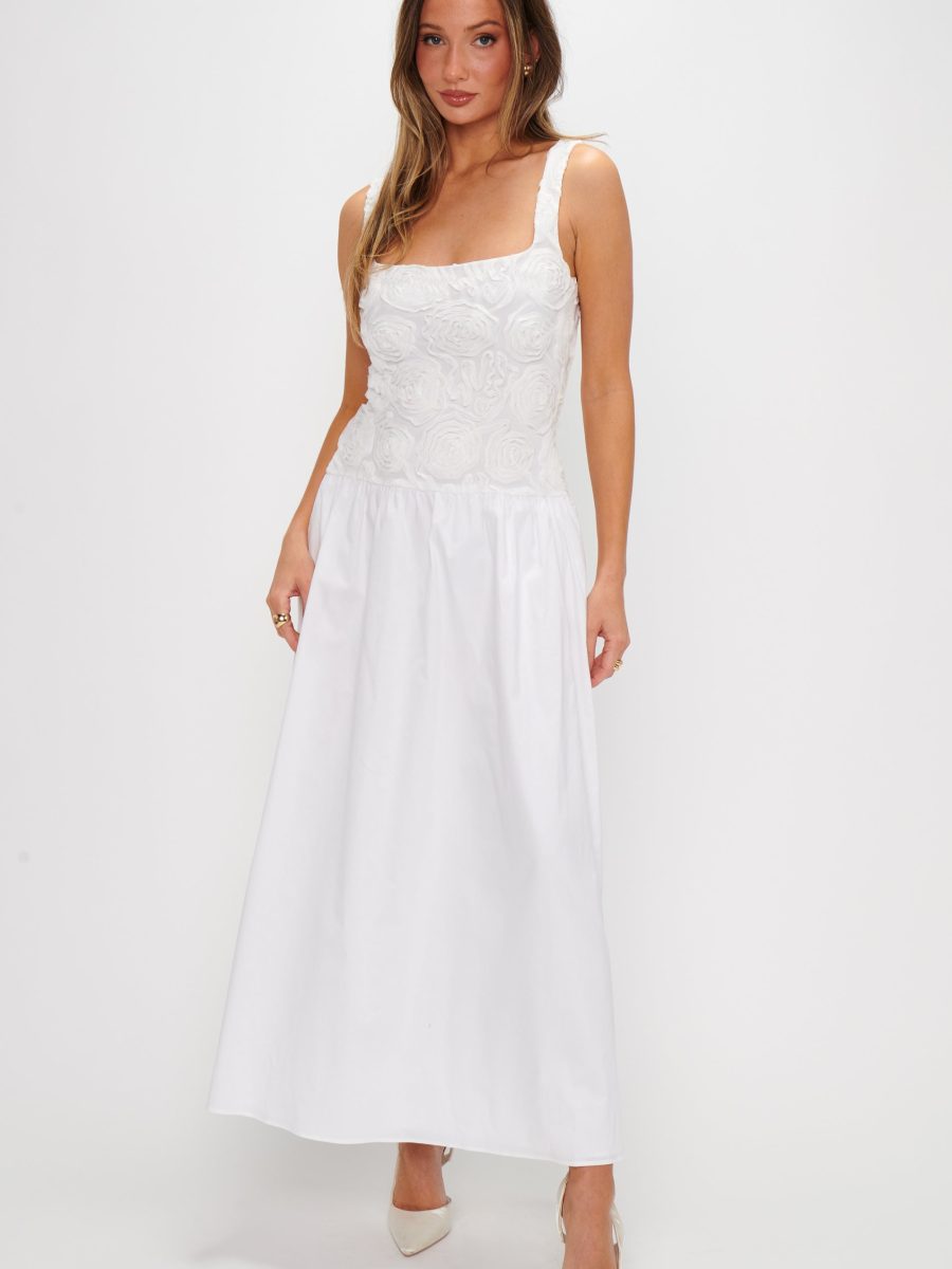 Bradshaw Maxi Dress ~ Rosette Mesh White