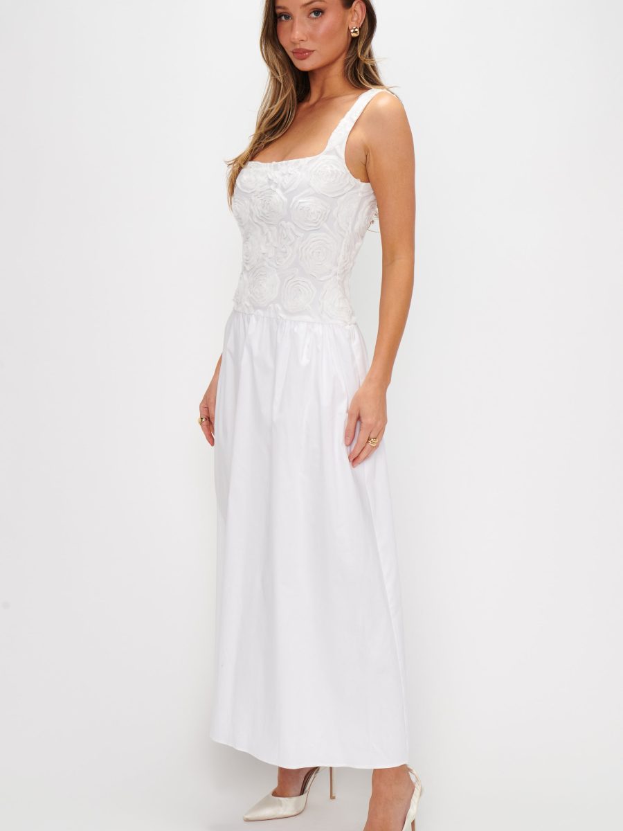 Bradshaw Maxi Dress ~ Rosette Mesh White