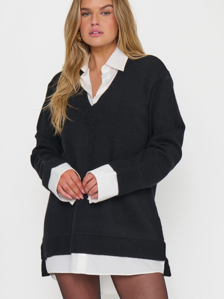 Lyle Collared Sweater Dress ~ White Black Knit