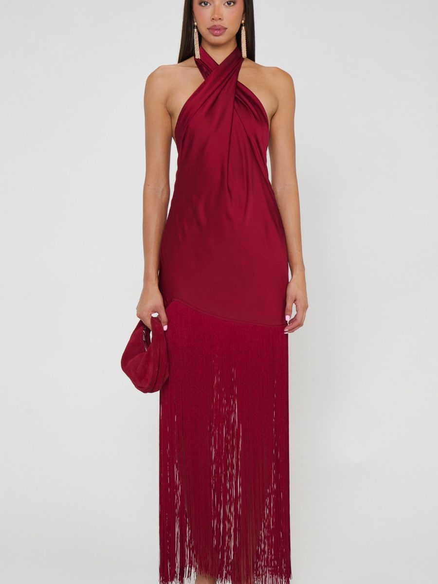 Jasmine Fringe Maxi Dress ~ Cranberry Luxe Satin