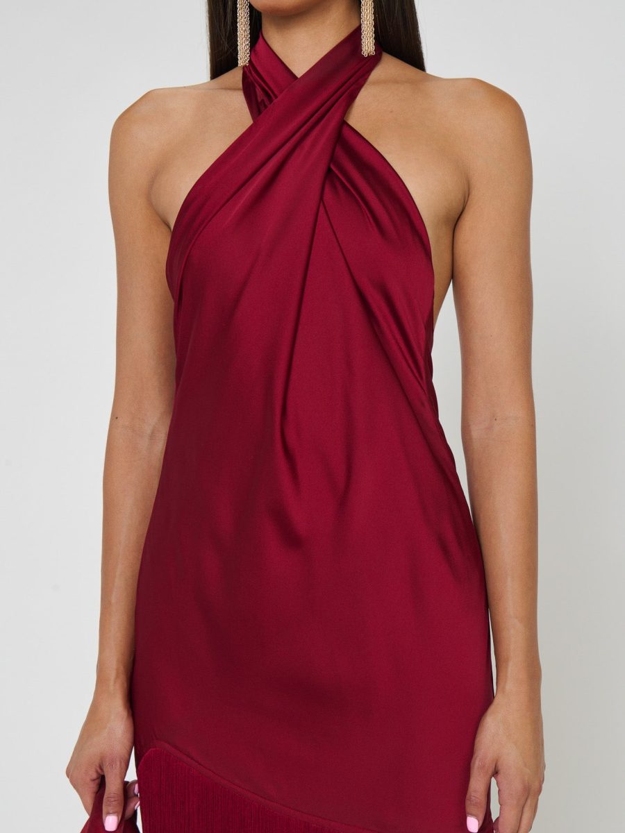 Jasmine Fringe Maxi Dress ~ Cranberry Luxe Satin