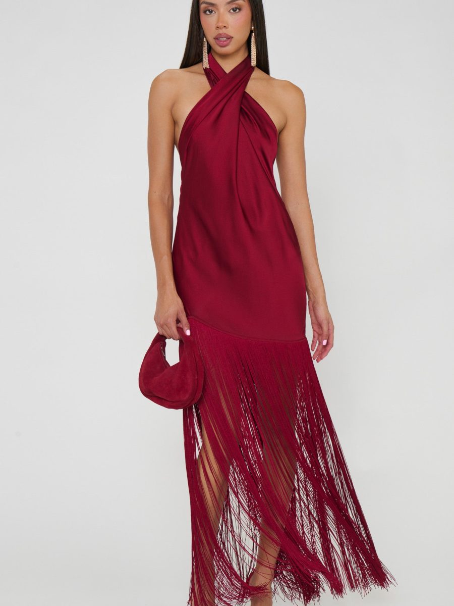 Jasmine Fringe Maxi Dress ~ Cranberry Luxe Satin