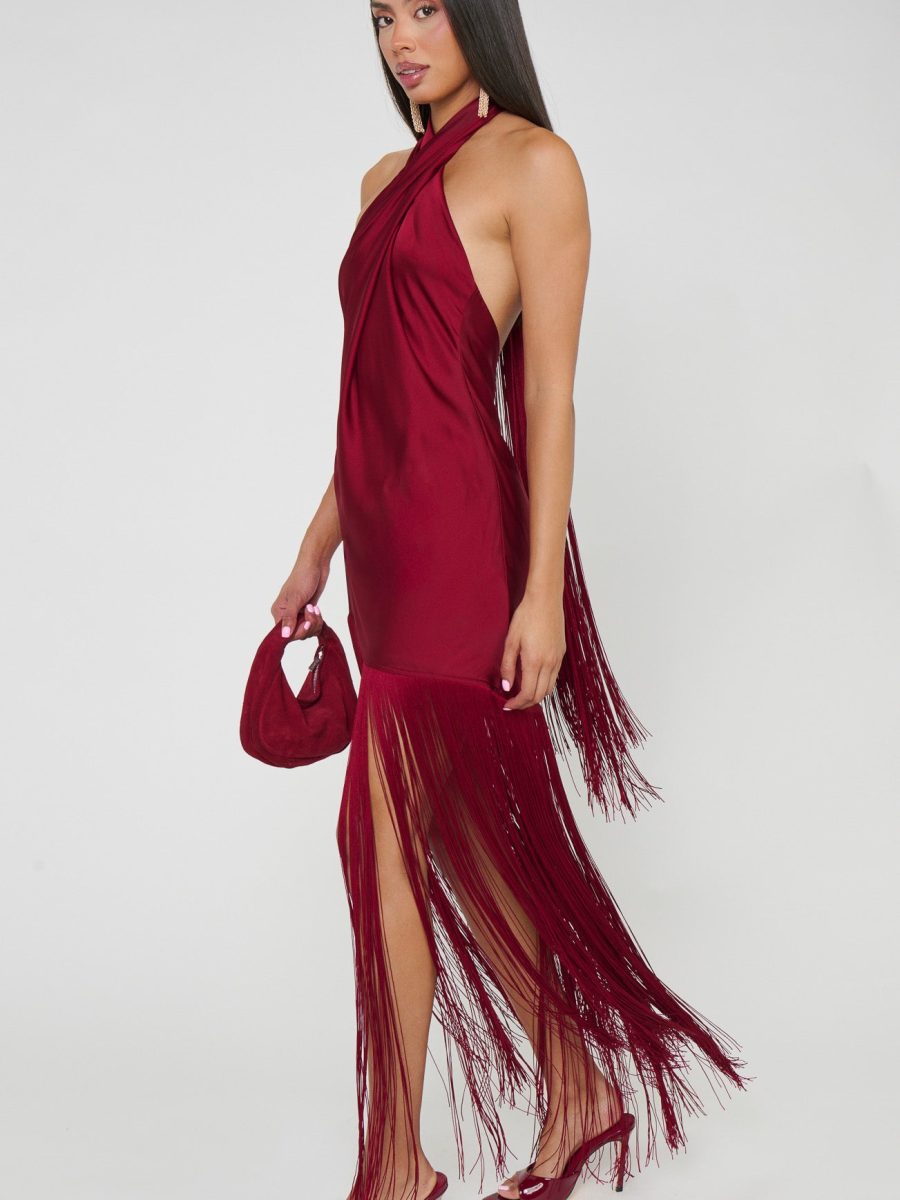 Jasmine Fringe Maxi Dress ~ Cranberry Luxe Satin