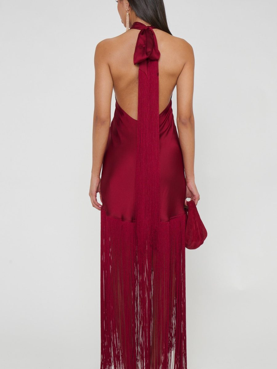 Jasmine Fringe Maxi Dress ~ Cranberry Luxe Satin