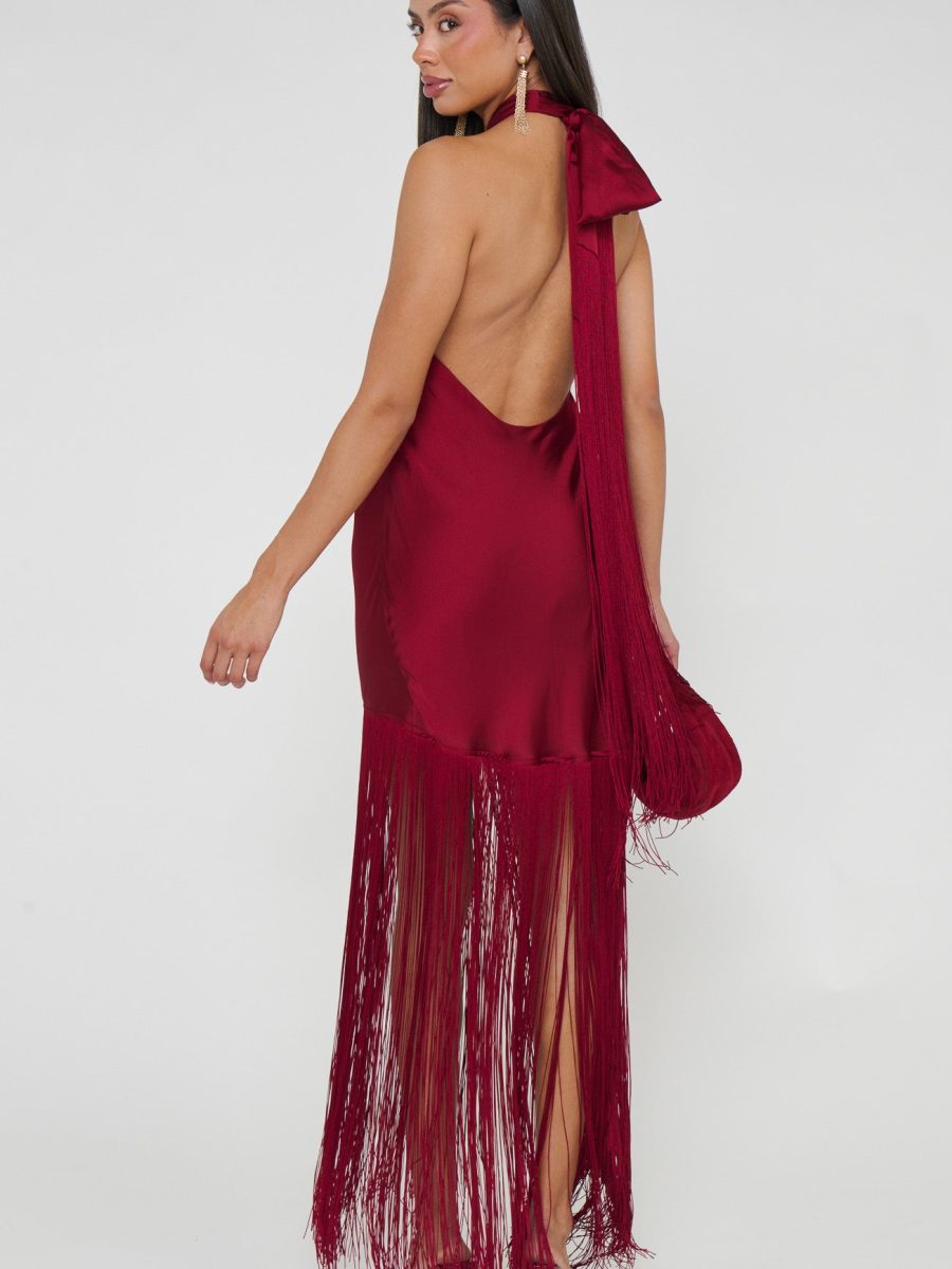Jasmine Fringe Maxi Dress ~ Cranberry Luxe Satin