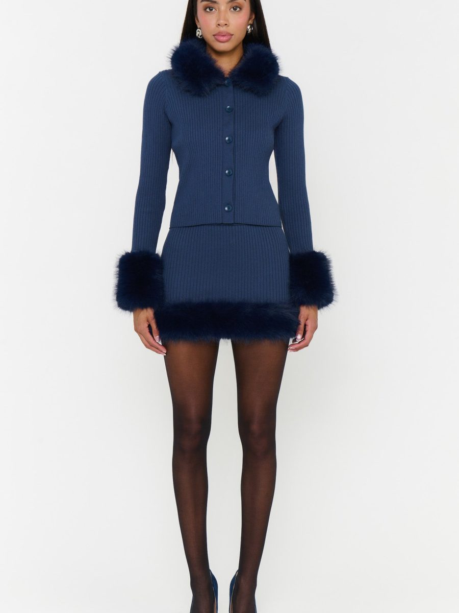 Fran Mini Skirt ~ Navy Knit with Faux Fur