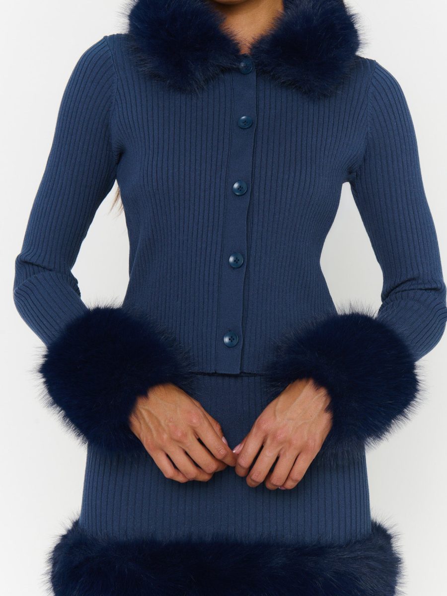 Fran Mini Skirt ~ Navy Knit with Faux Fur