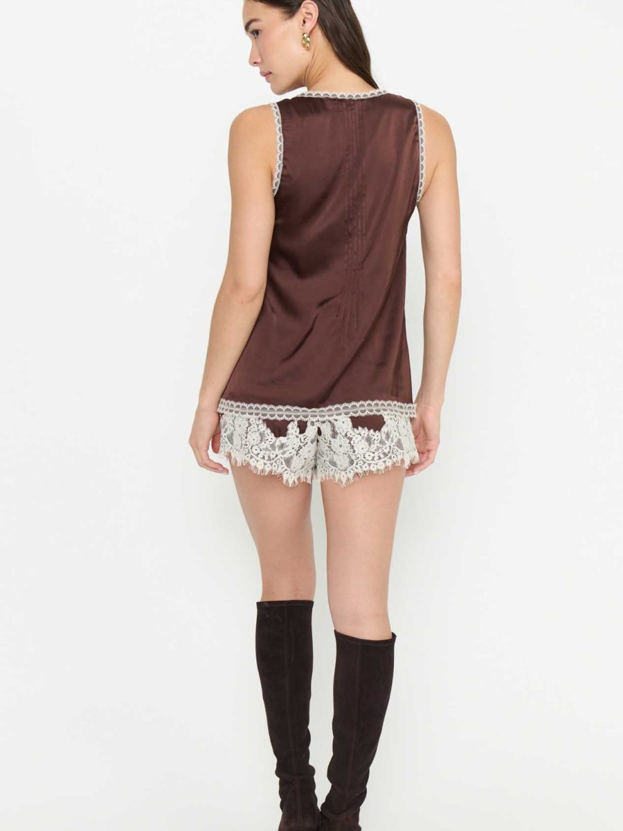 Sandra Top ~ Chocolate Satin with Lace Trim