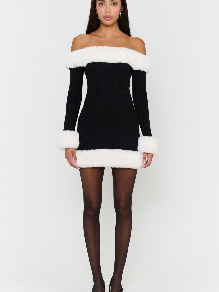Donna Mini Dress ~ Black Knit with White Faux Fur