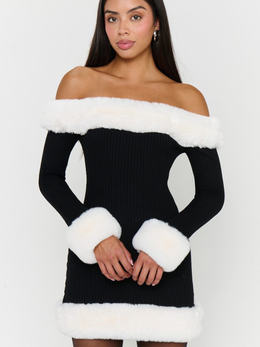 Donna Mini Dress ~ Black Knit with White Faux Fur