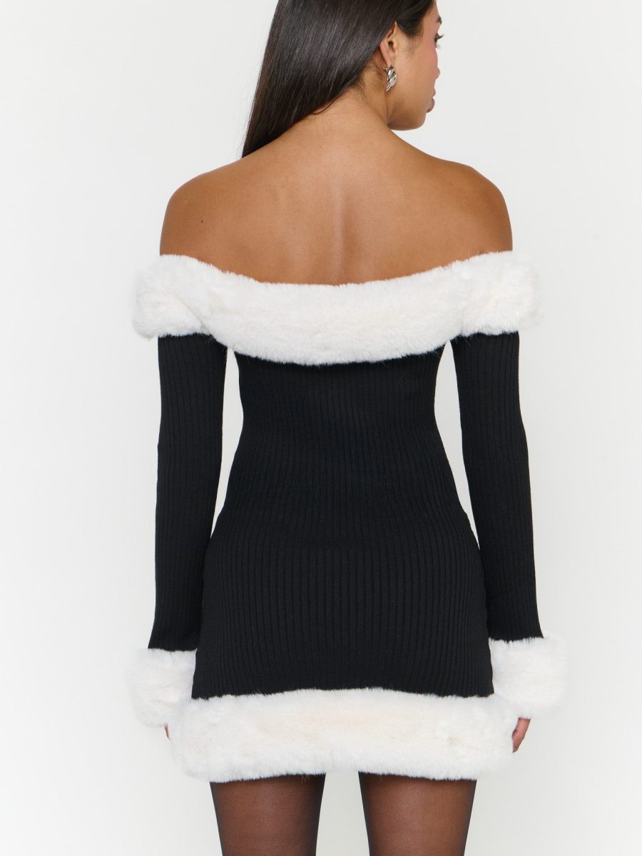 Donna Mini Dress ~ Black Knit with White Faux Fur