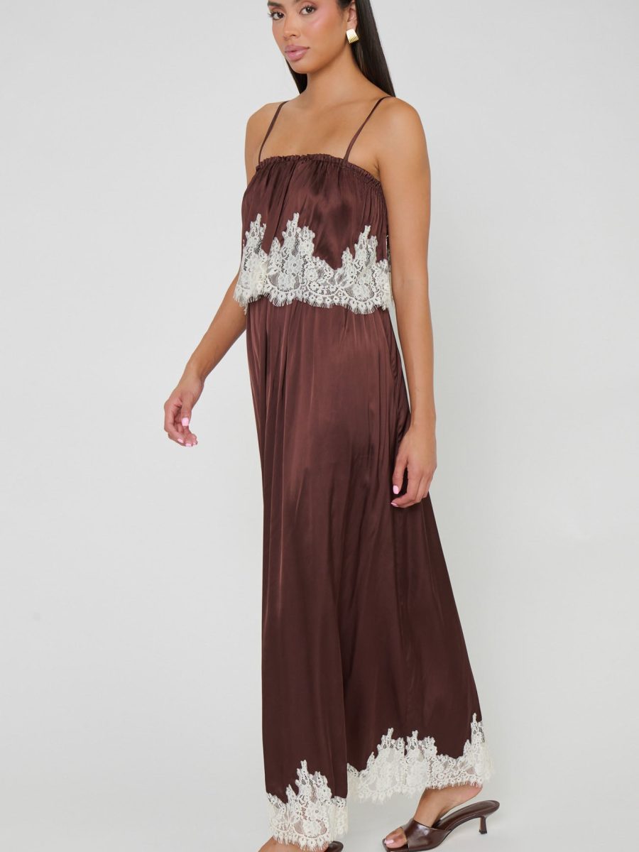 Emmylou Maxi Dress ~ Chocolate Satin with Lace Trim