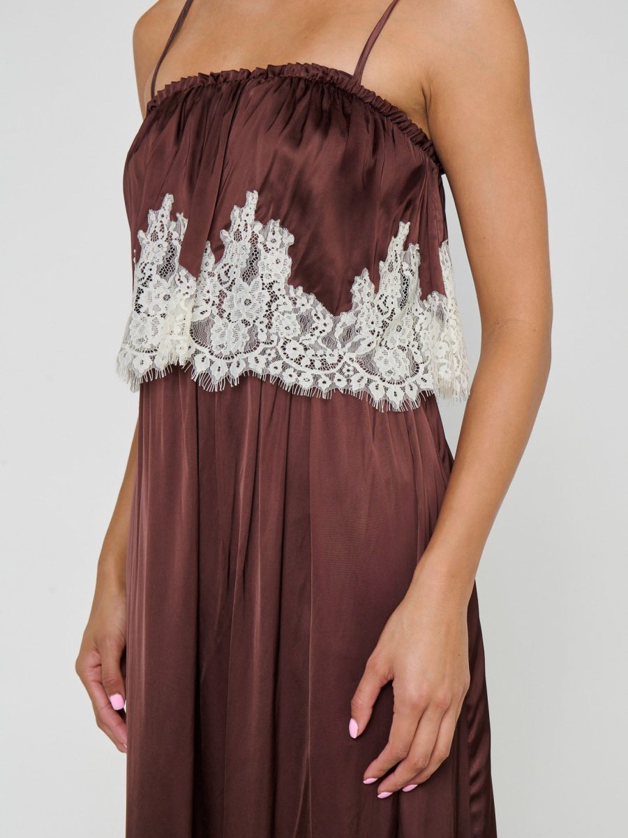 Emmylou Maxi Dress ~ Chocolate Satin with Lace Trim