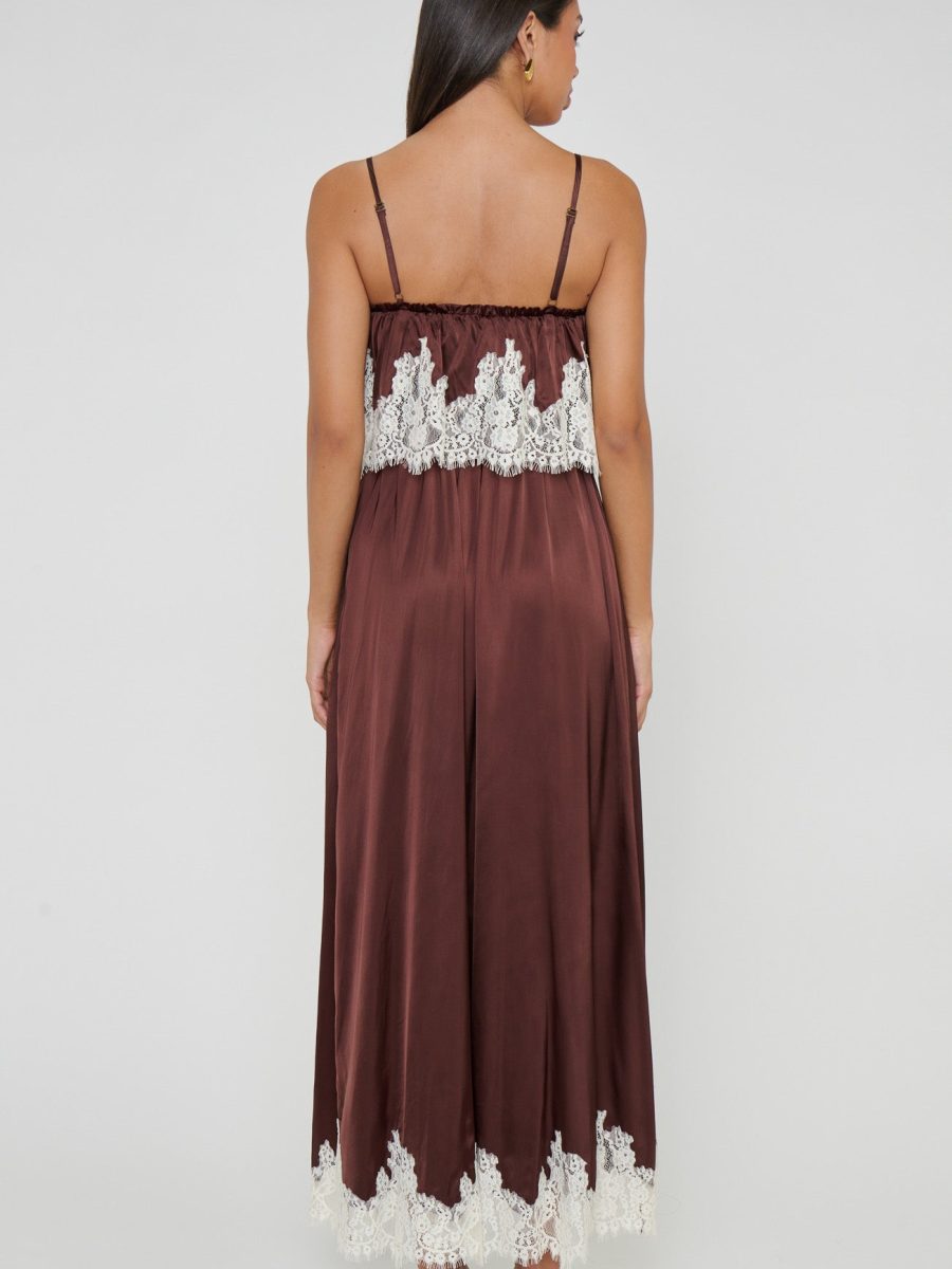 Emmylou Maxi Dress ~ Chocolate Satin with Lace Trim