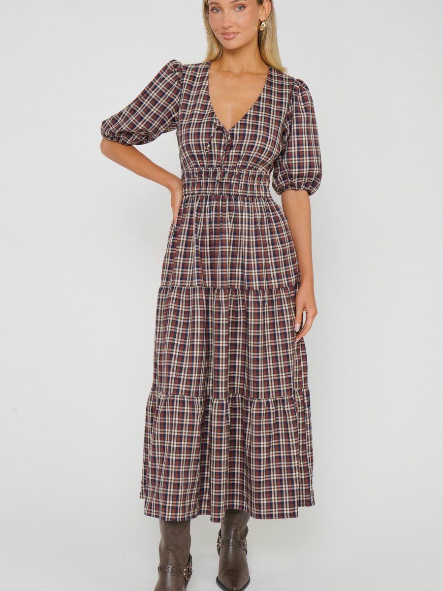 Brianna Midi Dress ~ Saddle Plaid