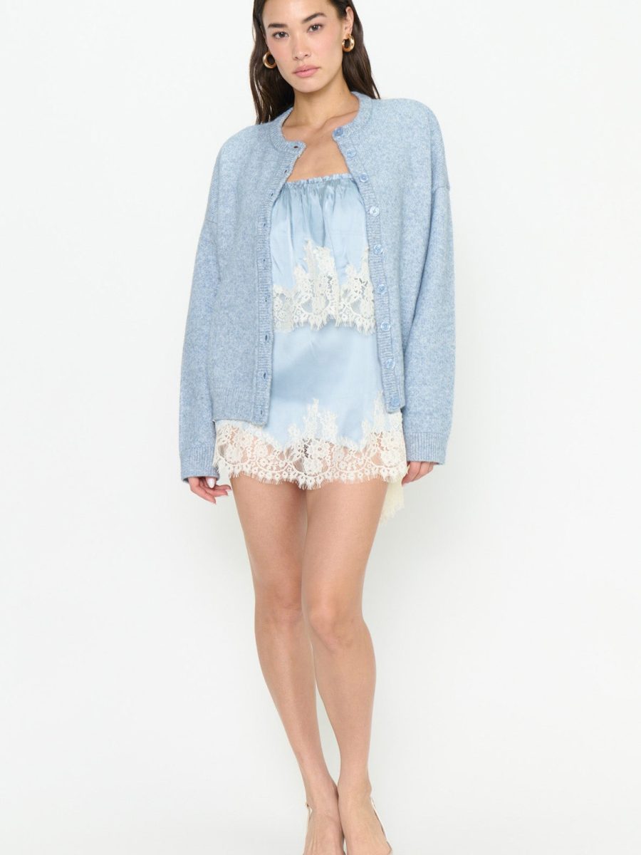 Emmylou Mini Dress ~ Blue Satin with Lace Trim