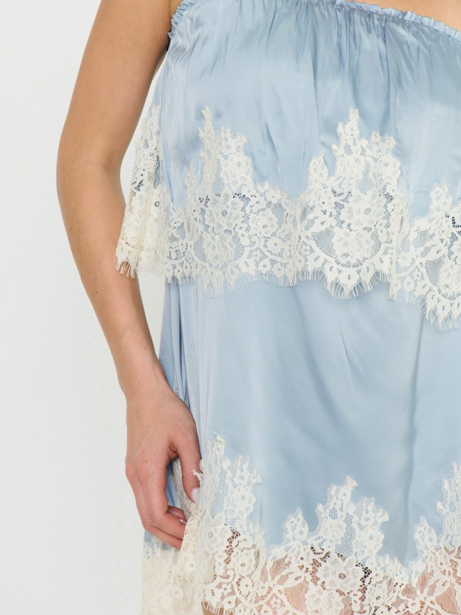 Emmylou Mini Dress ~ Blue Satin with Lace Trim