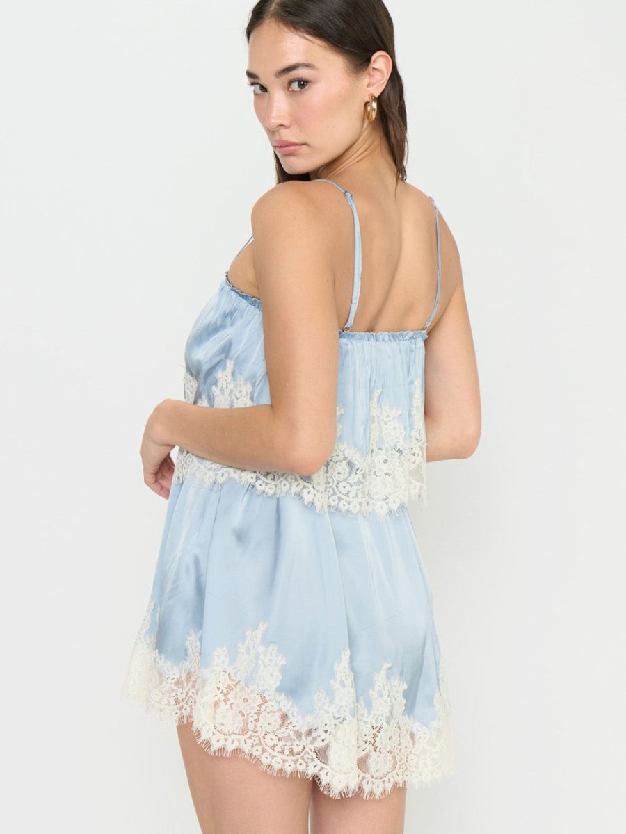 Emmylou Mini Dress ~ Blue Satin with Lace Trim