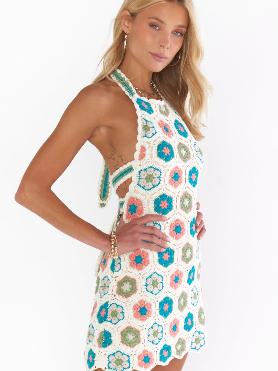 Happy Halter Mini Dress ~ 70S Multi Crochet