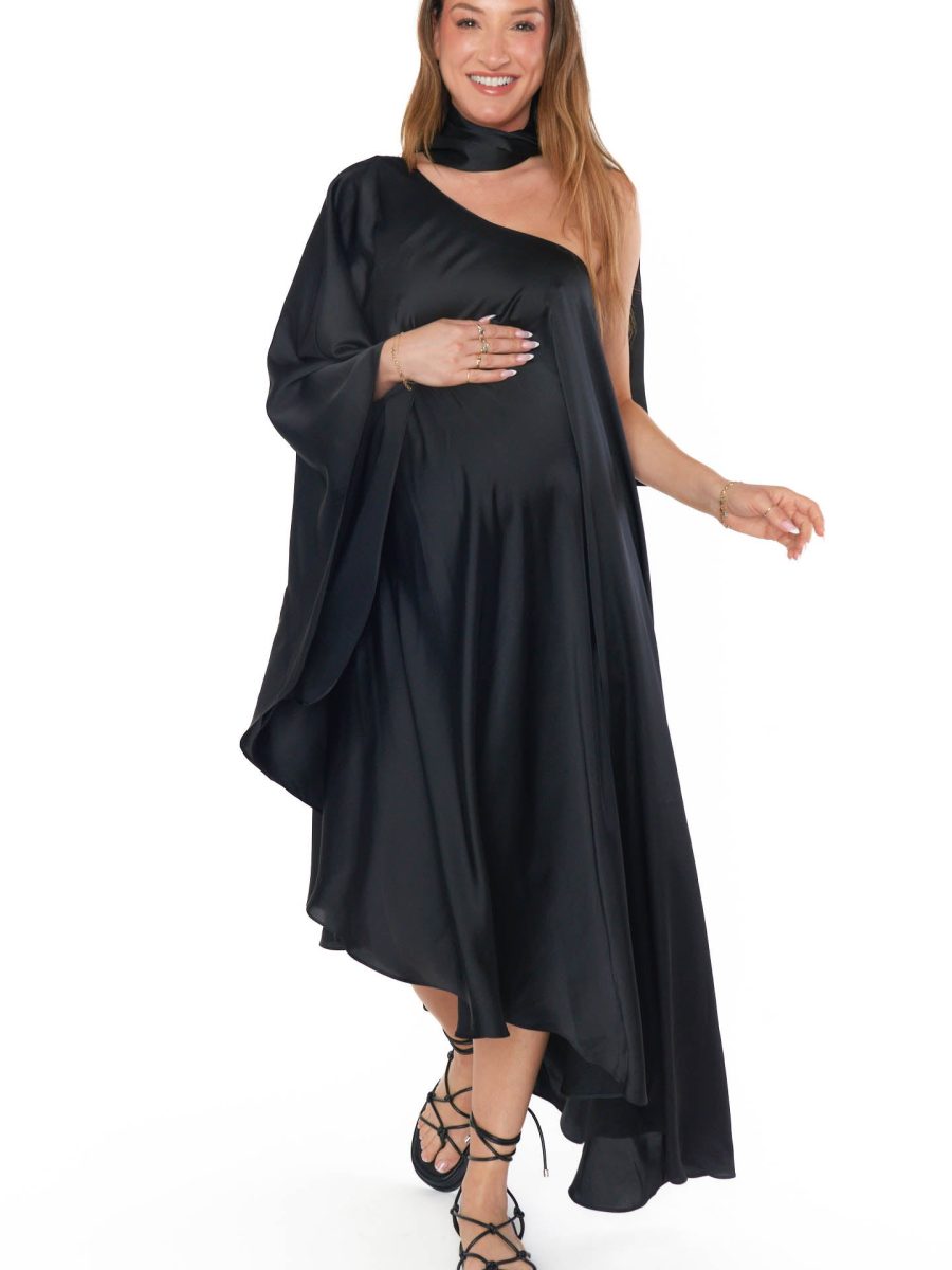 Rhea One Shoulder Dress ~ Black Luxe Satin