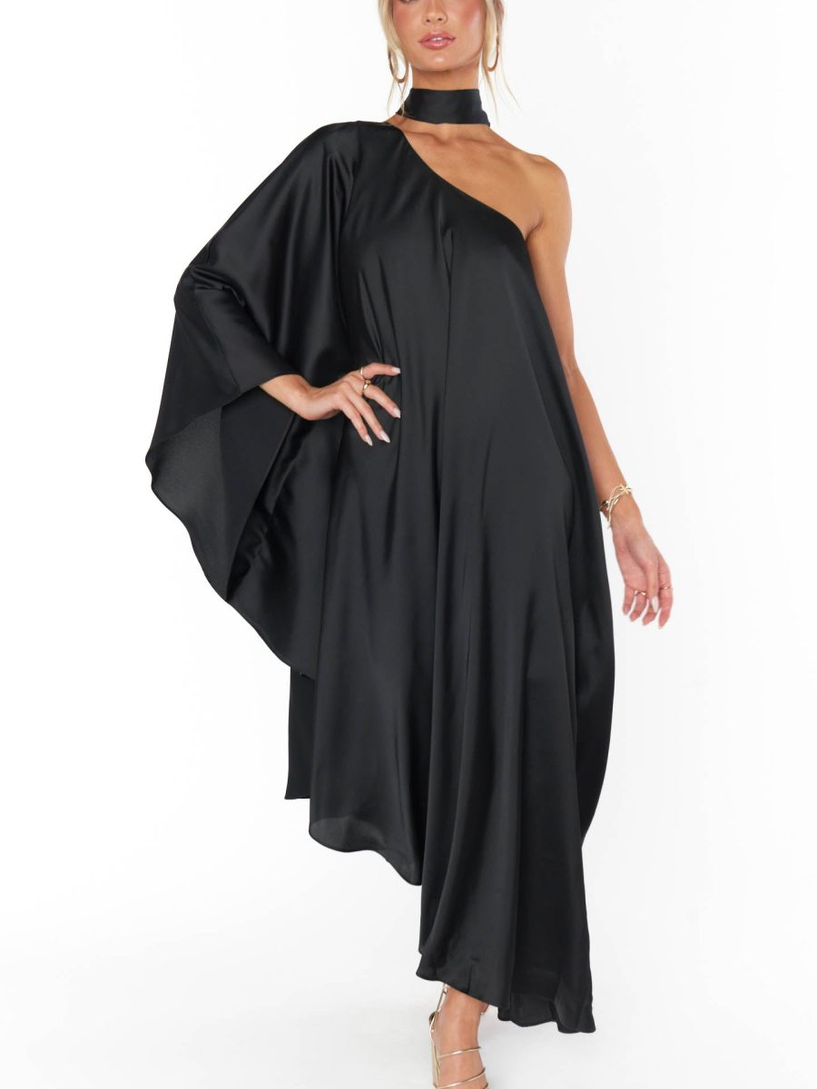 Rhea One Shoulder Dress ~ Black Luxe Satin