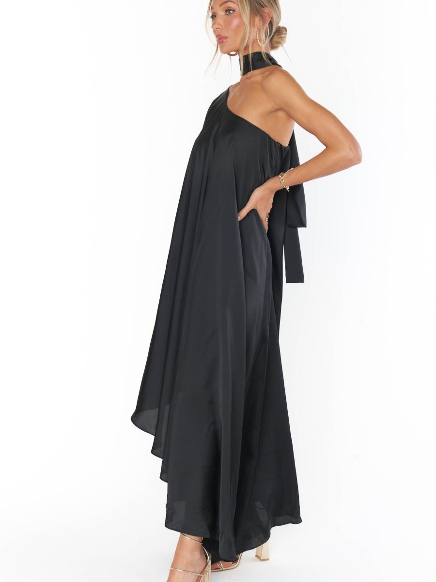 Rhea One Shoulder Dress ~ Black Luxe Satin