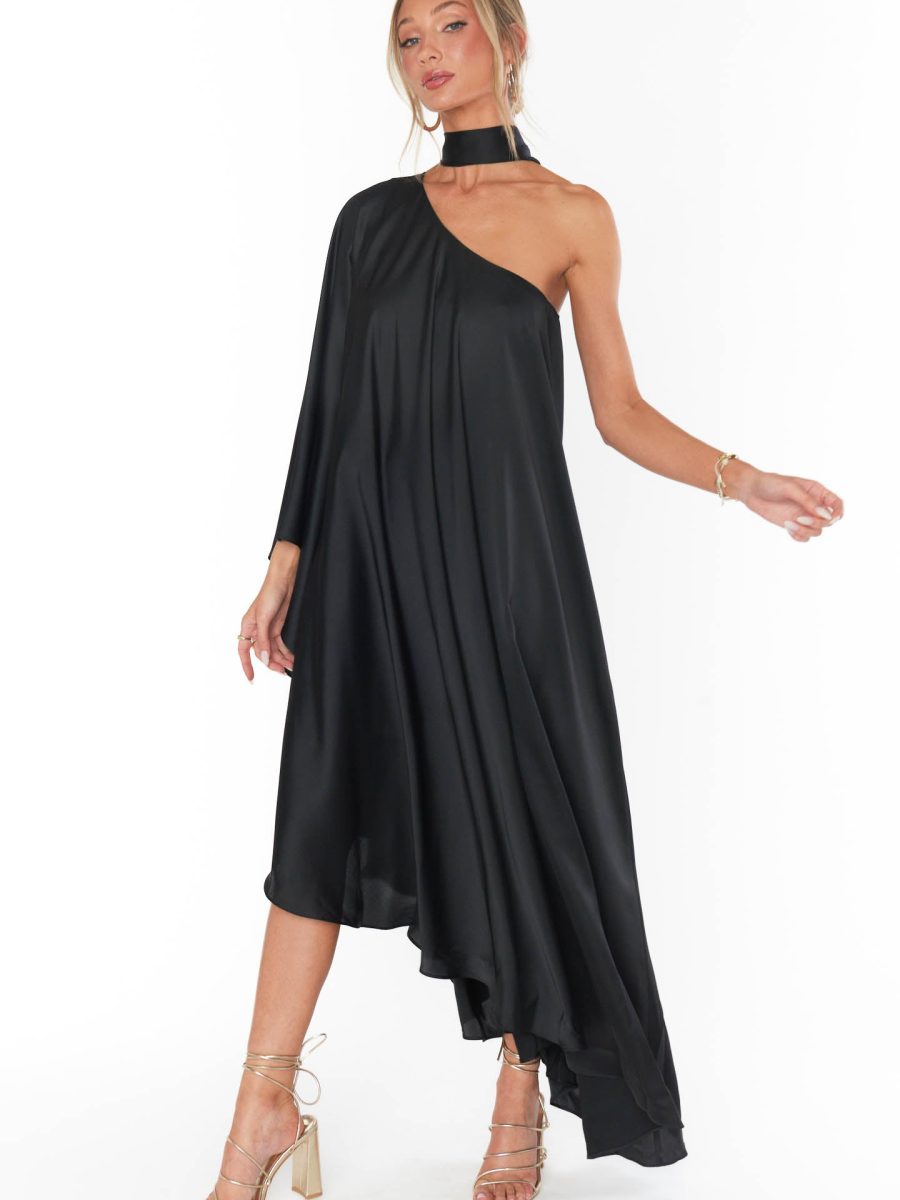 Rhea One Shoulder Dress ~ Black Luxe Satin