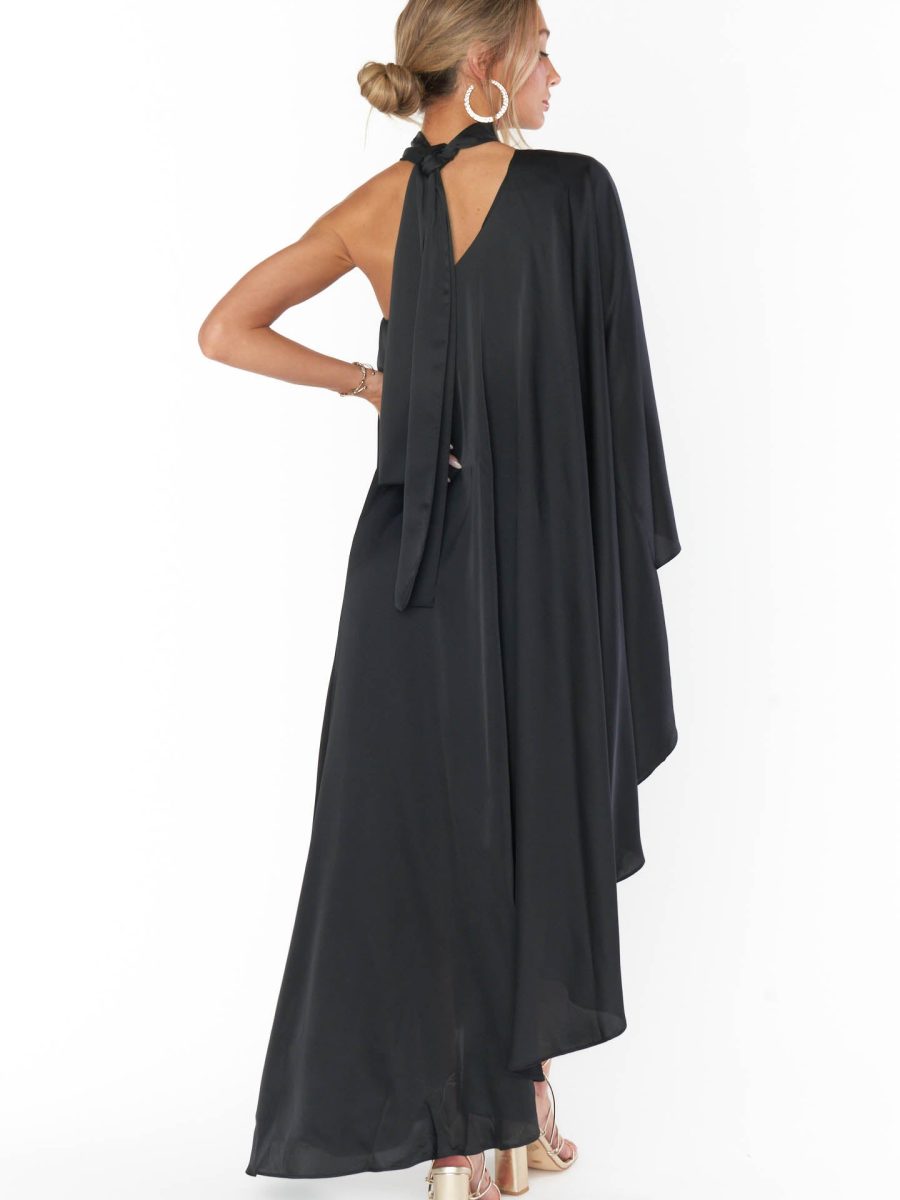 Rhea One Shoulder Dress ~ Black Luxe Satin