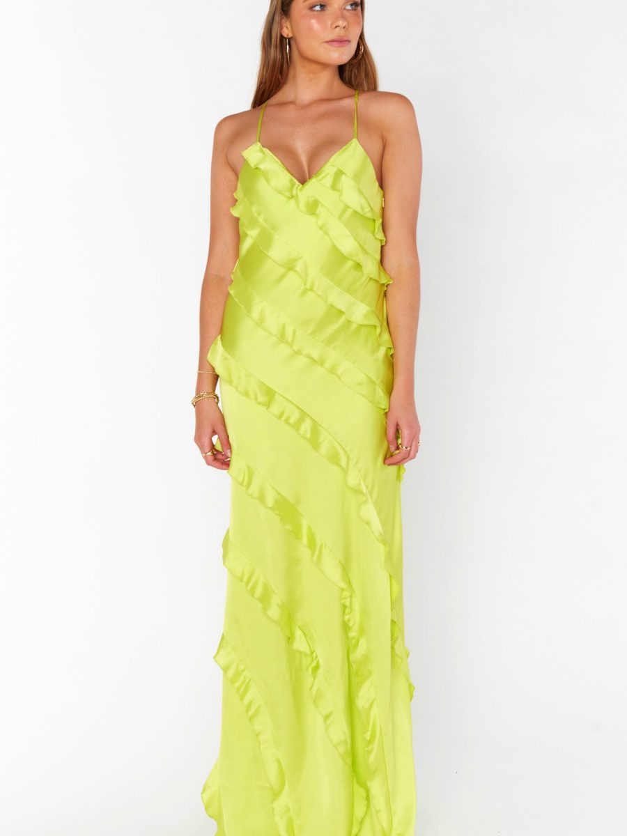 Romance Ruffle Dress ~ Citrine Luxe Satin
