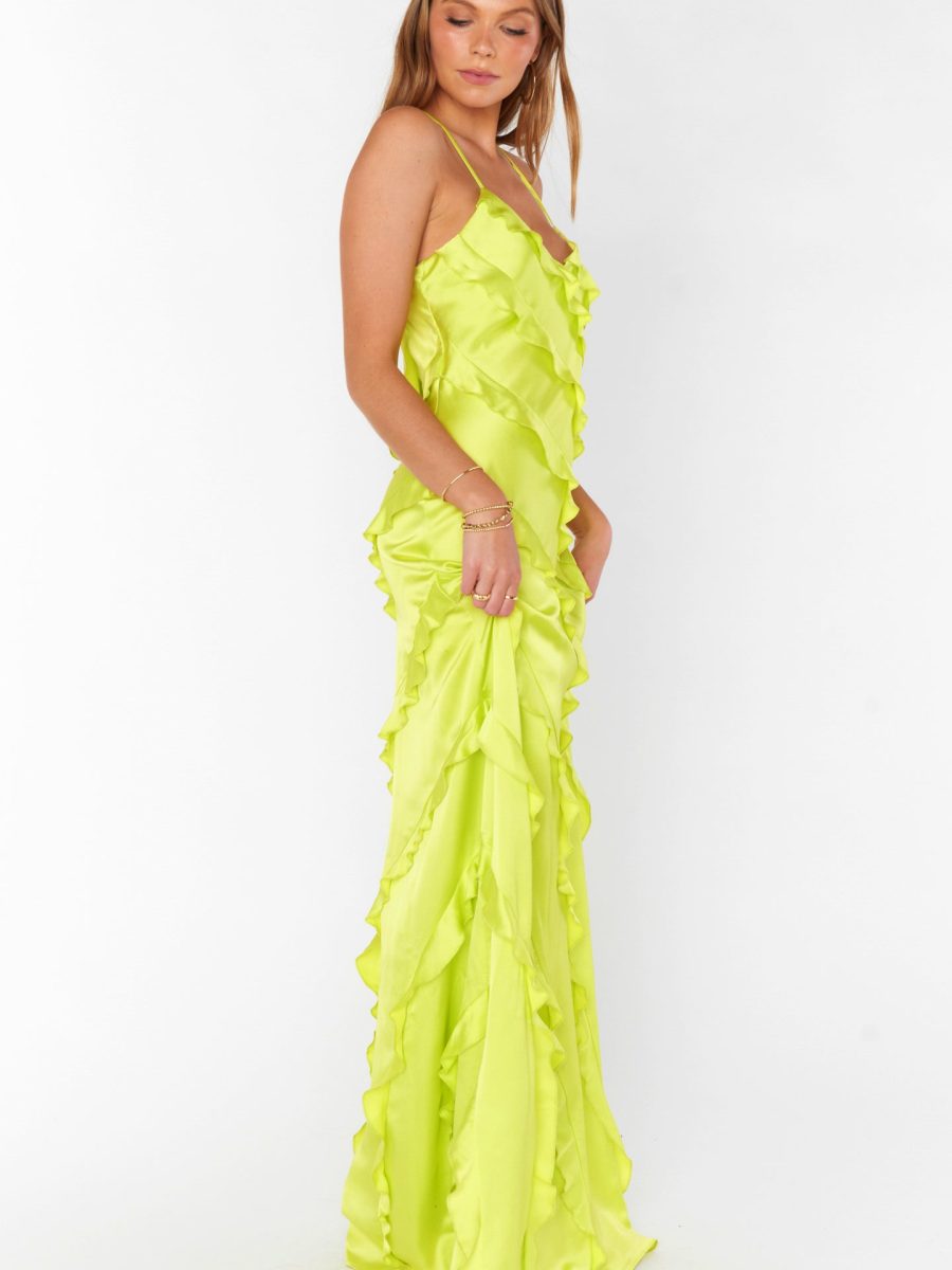 Romance Ruffle Dress ~ Citrine Luxe Satin