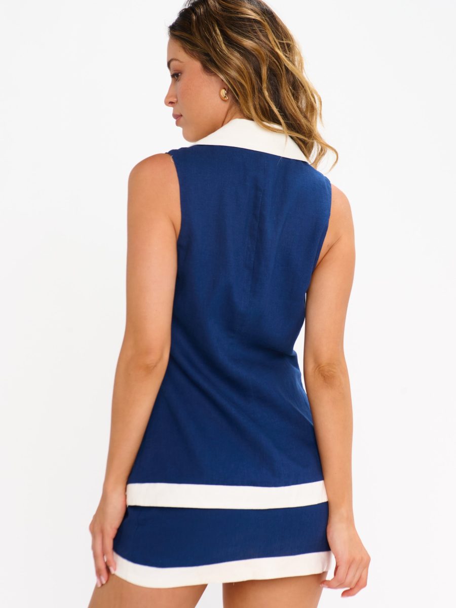 Colby Vest Top ~ Navy and White Linen