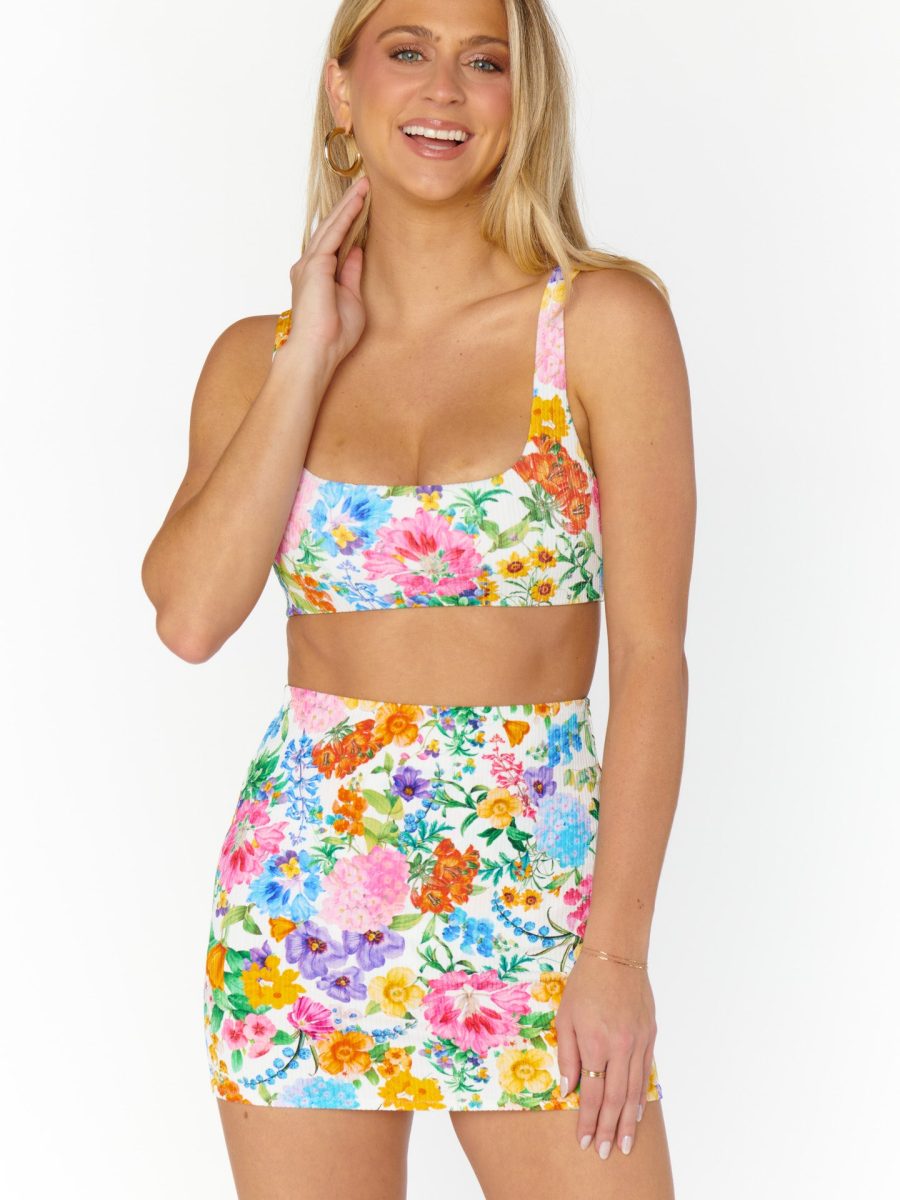 Mary Mini Skirt ~ Ivory Botanical Rib Scrunch