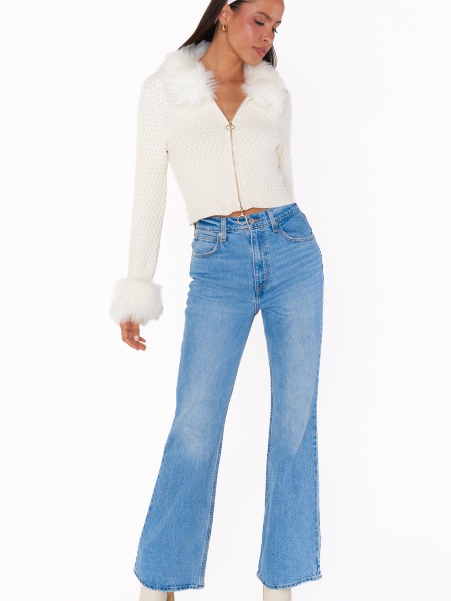 Zermatt Zip Up ~ White Pebble Knit with Faux Fur