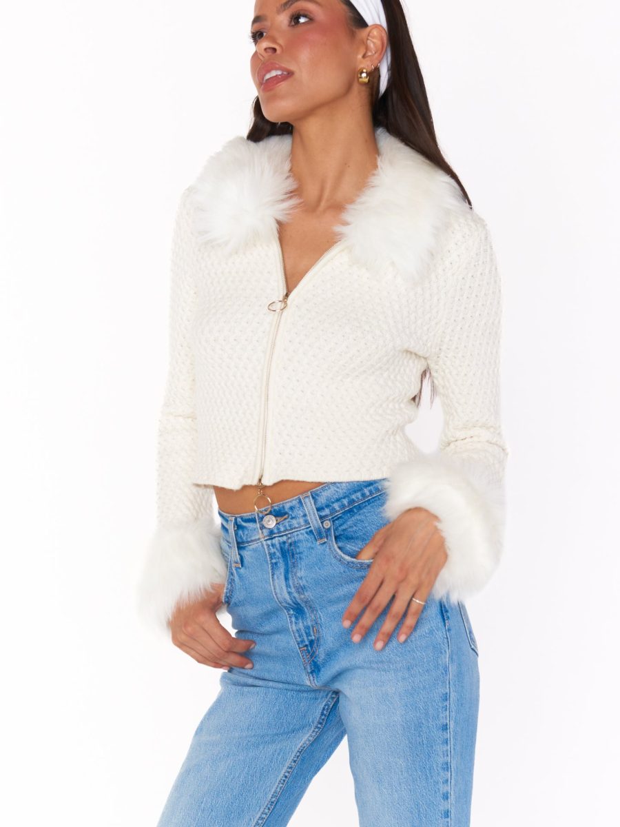 Zermatt Zip Up ~ White Pebble Knit with Faux Fur