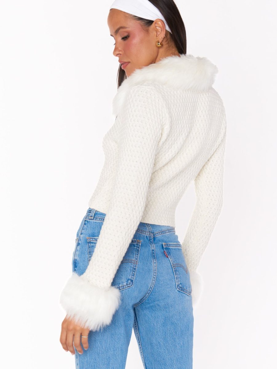 Zermatt Zip Up ~ White Pebble Knit with Faux Fur