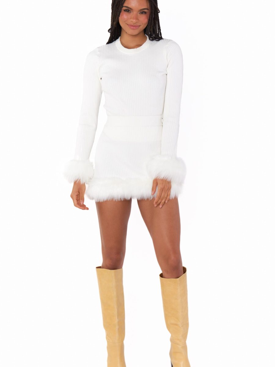 Fran Mini Skirt ~ White Knit with Faux Fur
