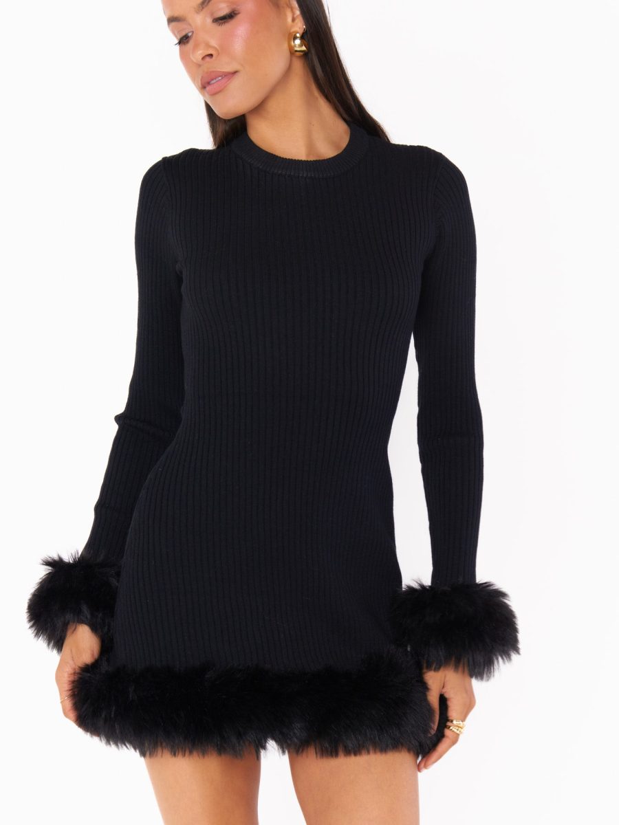 Fran Mini Dress ~ Black Knit with Faux Fur