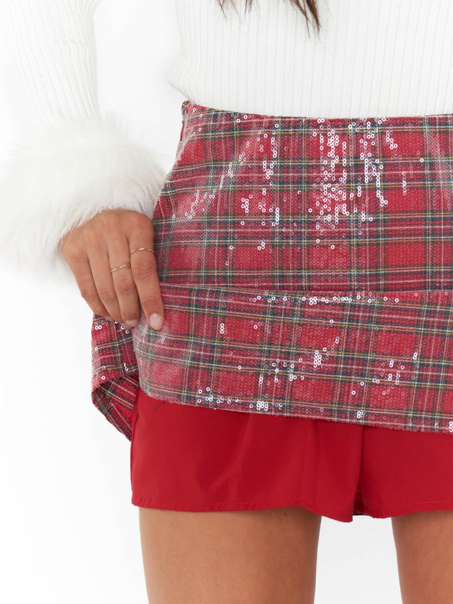 All Night Skort ~ Red Plaid Sequins